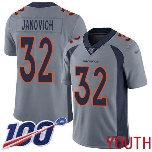 Youth Denver Broncos #32 Andy Janovich Limited Silver Inverted Legend 100th Season Football NFL Jersey